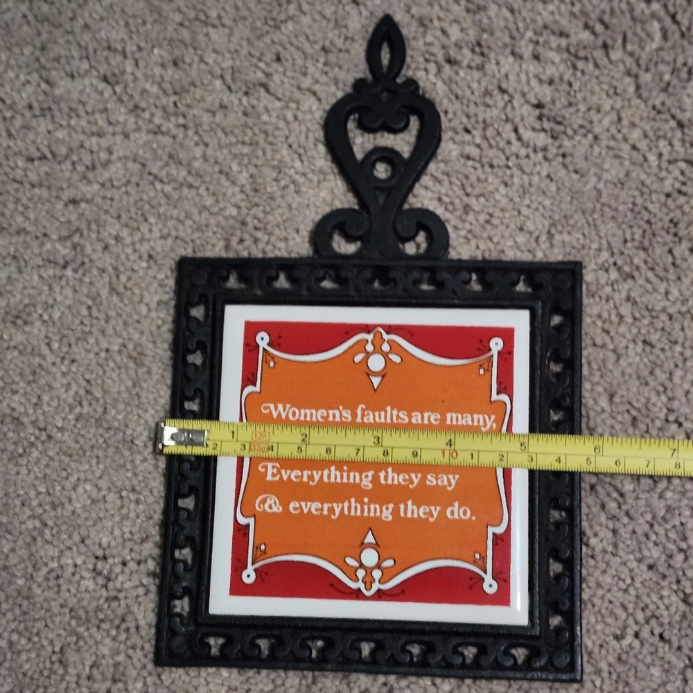 Vintage Cast Iron Trivet Or Hotpot with Orange Quote Tile
